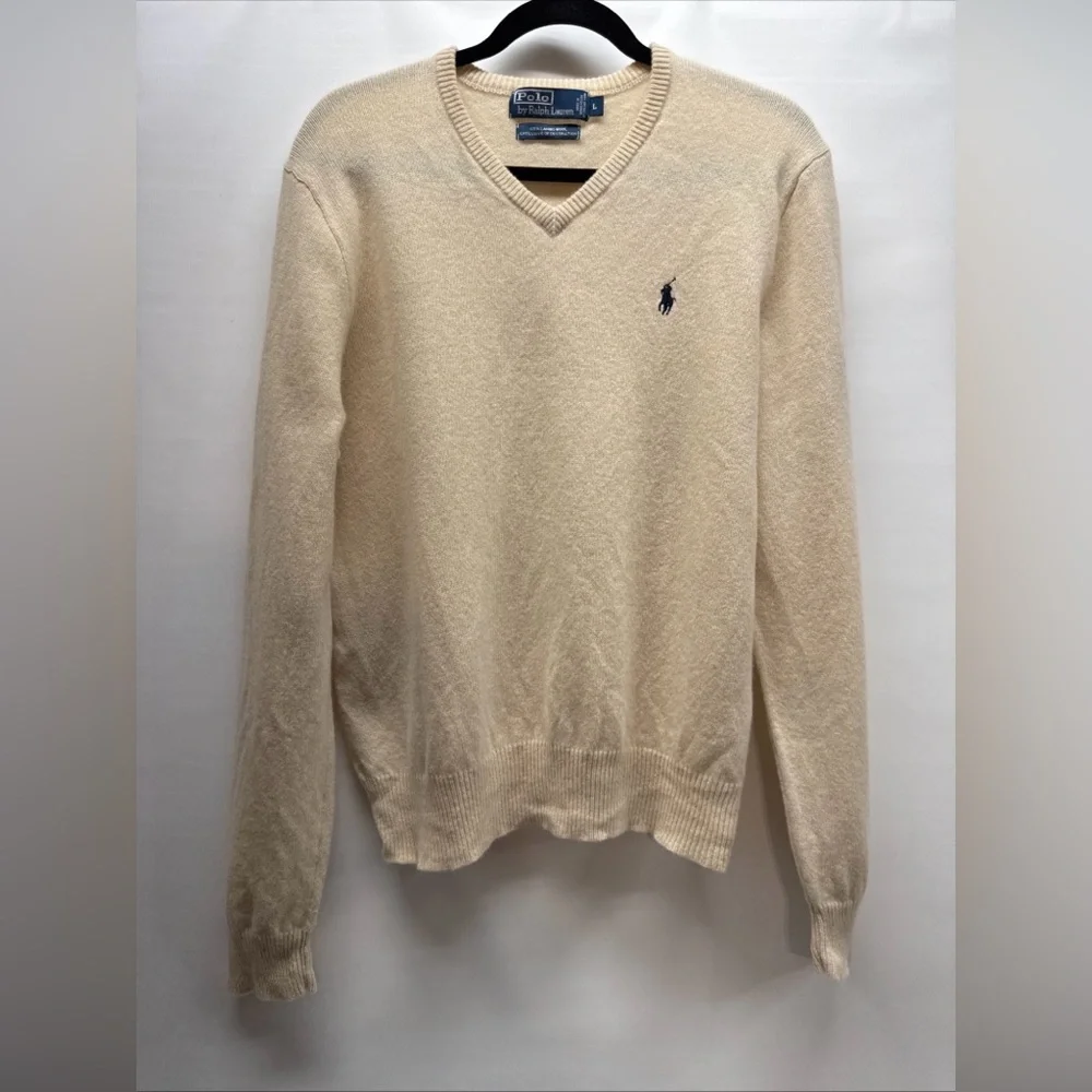 VTG Polo Ralph Lauren Sweater Mens Sz L Cream Pony 100% Italian Lambswool V-neck